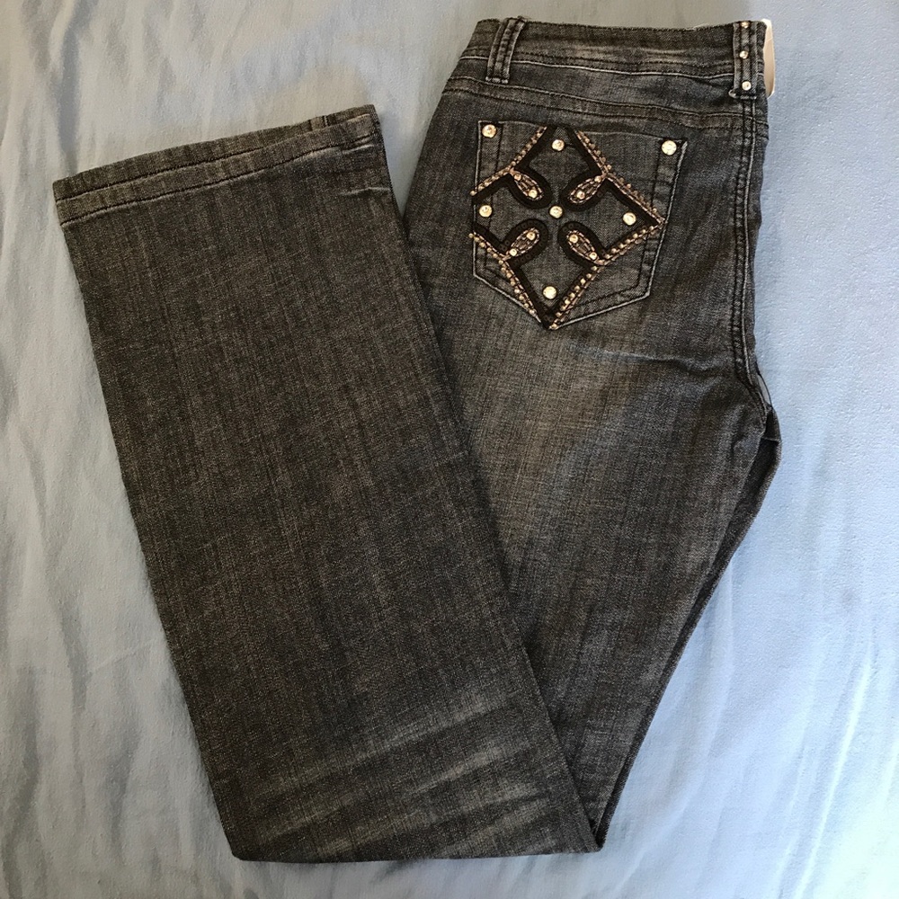 LA Idol Bling Boot Cut Jeans SZ 9 Rhinestone Sequin Pocket Stretch Denim Western